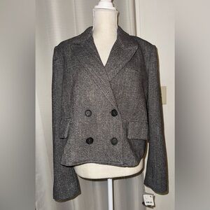 Free People Gray Charcoal Herringbone Blazer Cropped Jacket Relaxed Fit NWT M
